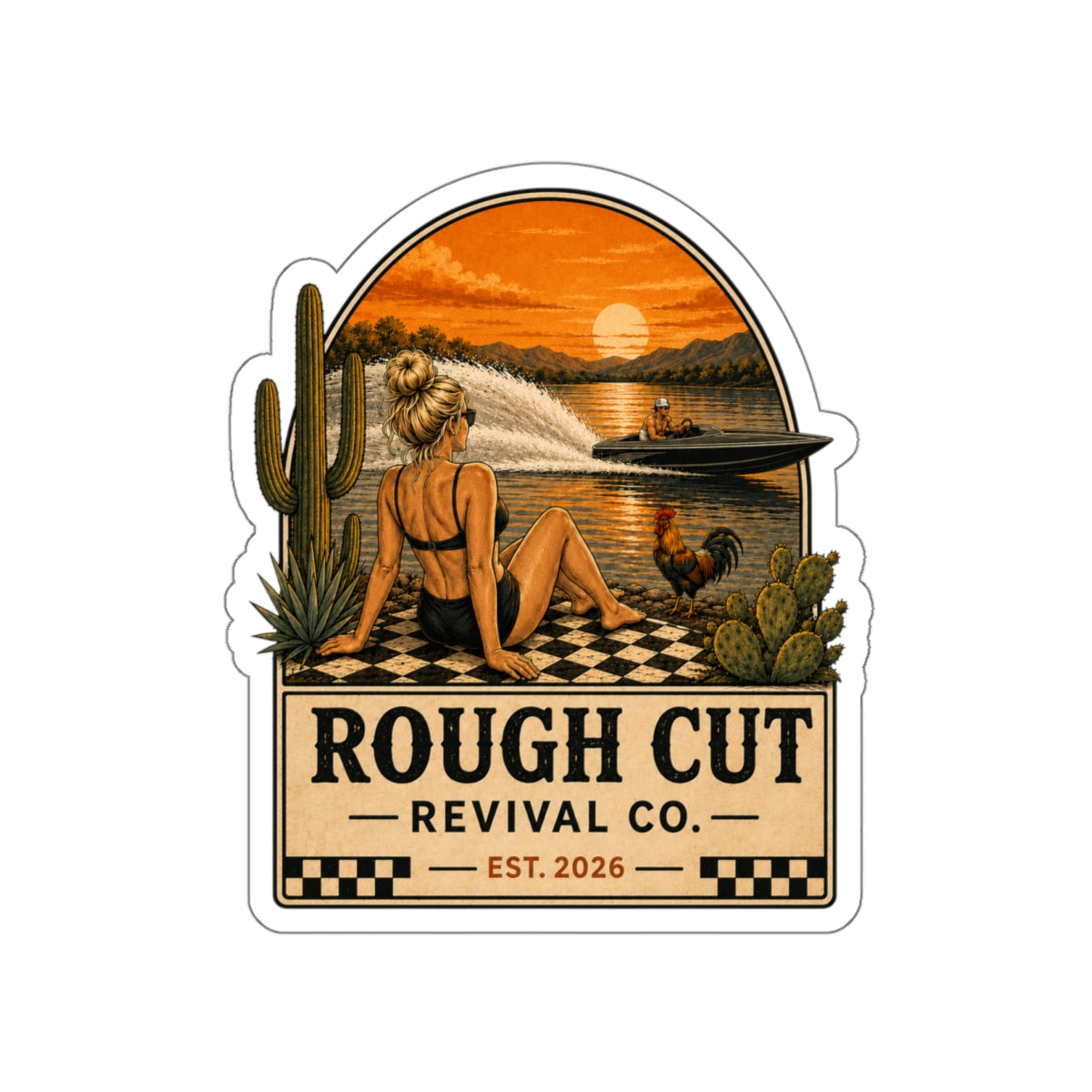 Desert Sunset Sticker — Vintage Lake Scene Die-Cut Sticker